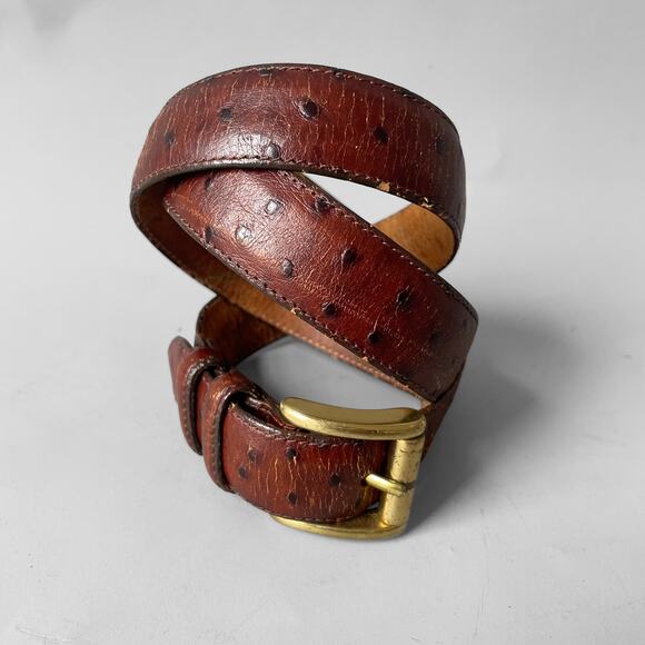 Vintage 80s Norma Kamali Signed Ostrich Belt Genuine Leather Brass Buckle Jeans - Picture 7 of 8